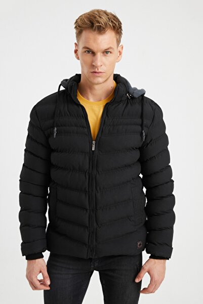 DYNAMO Men's Black Hooded Fleece Lined Thick Puffer Jacket 3130