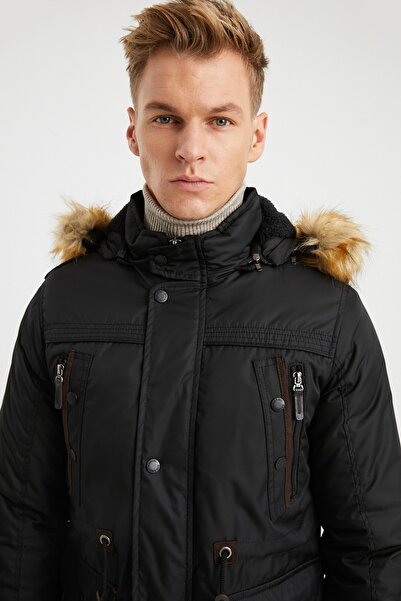 DYNAMO Ανδρικό αδιάβροχο χοντρό παλτό με μαύρη κουκούλα με γούνα