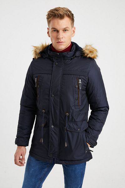 DYNAMO Men's Navy Blue Hooded Fur Lined Waterproof Thick Coat