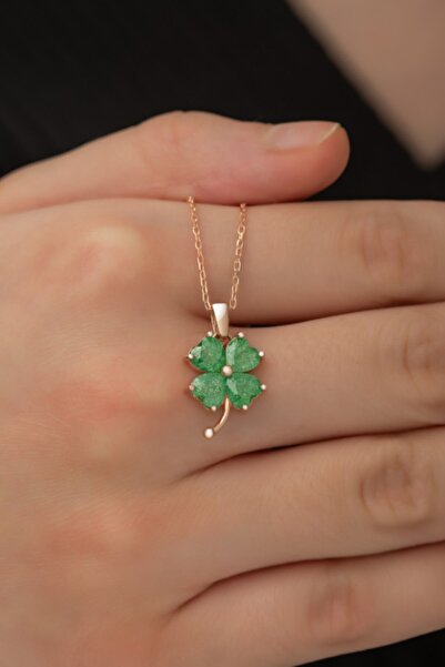 Nereze Kadın Yeşil Yonca Taşlı Gümüş Kolye 925 Ayar