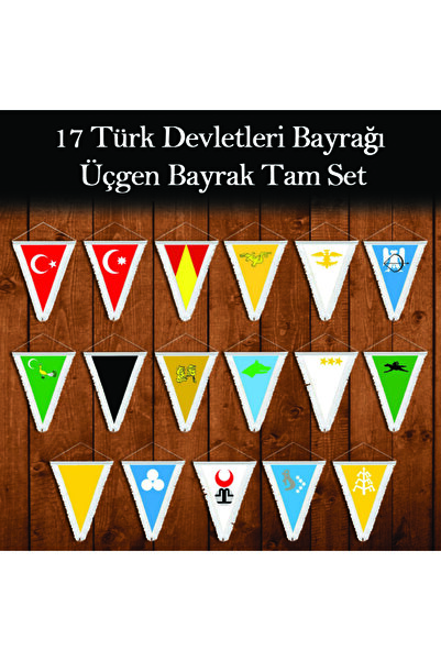 Genel Markalar 17 Türk Devletleri Bayrağı -üçgen Bayrak Tam Set -beyaz-püsküllü-çif Yönlü-flama