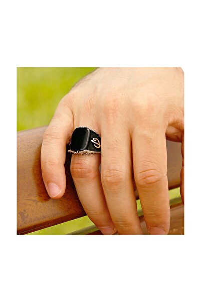 Tesbihane Elif Vav Yazılı Siyah Oniks Taşlı 925 Ayar Gümüş Erkek Yüzük 102000493