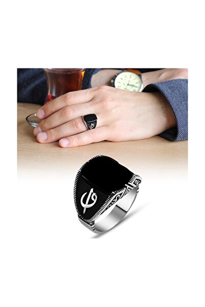 Tesbihane Elif Vav Yazılı Siyah Oniks Taşlı 925 Ayar Gümüş Erkek Yüzük 102000493