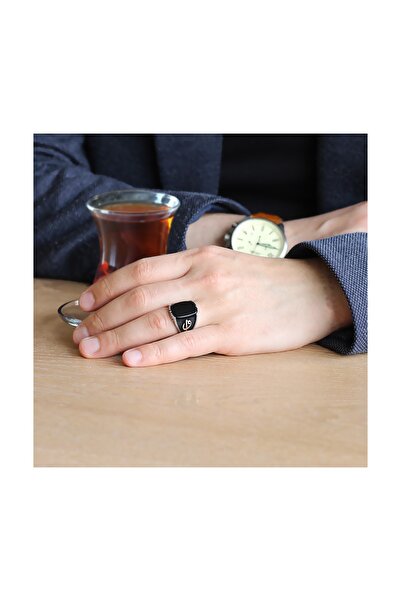 Tesbihane Elif Vav Yazılı Siyah Oniks Taşlı 925 Ayar Gümüş Erkek Yüzük 102000493