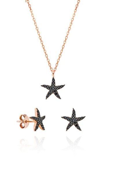 Trend Silver Gümüş Rose Oniks Taşlı Siyah Deniz Yıldızı Kolye Ve Küpe Seti