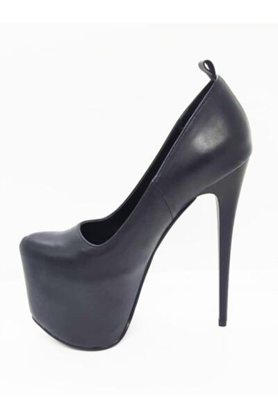 Afilli Siyah Cilt Platform Ince Yüksek Topuk Kadın Ayakkabı Rahat Kalıp