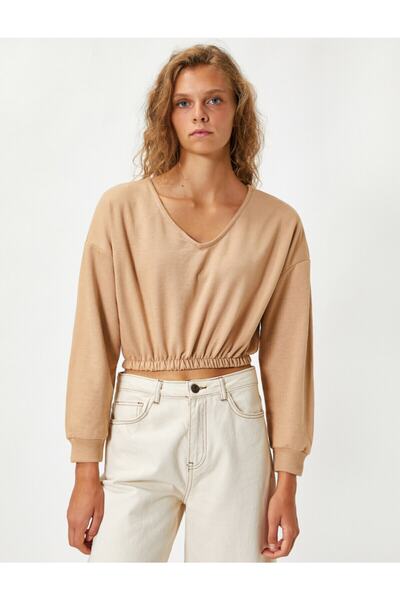 Koton Dámská mikina Ecru Crop s výstřihem do V