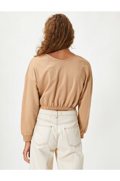Koton Dámská mikina Ecru Crop s výstřihem do V