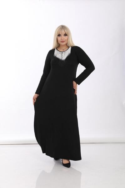 Şirin Butik Γυναικείο Μαύρο Φόρεμα Βισκόζης με Λεπτομέρεια Φούντα Plus Size