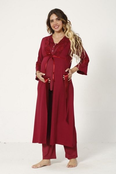 Miss Dünya Lissa Women's Claret Red Maternity and Maternity Nightgown Set
