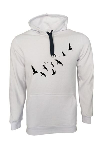 Raf Coll Hanorac alb cu glugă cu buzunar, imprimat cu păsări unisex