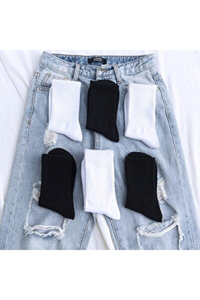 çorapmanya 6 Çift Paket Siyah Beyaz Çizgisiz Pamuklu Kolej Tenis Çorap