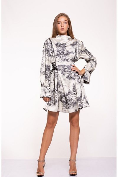 Tuba Ergin Women's Black Printed Brit Detailed Satin Amara Dress