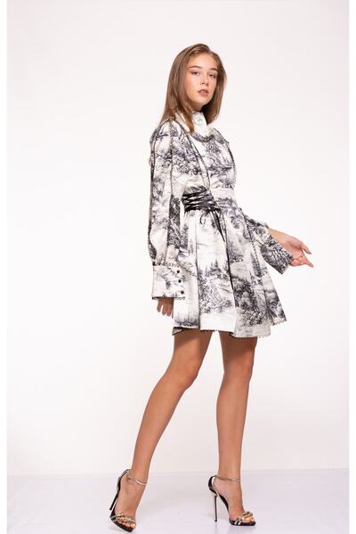 Tuba Ergin Women's Black Printed Brit Detailed Satin Amara Dress