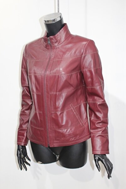Metins Leather Kadın Bordo Deri Mont