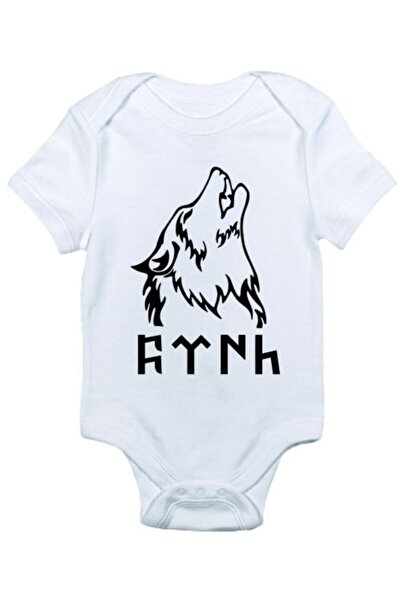 venüsdijital Unisex Baby White Göktürk Wolf Printed Zıbın Body