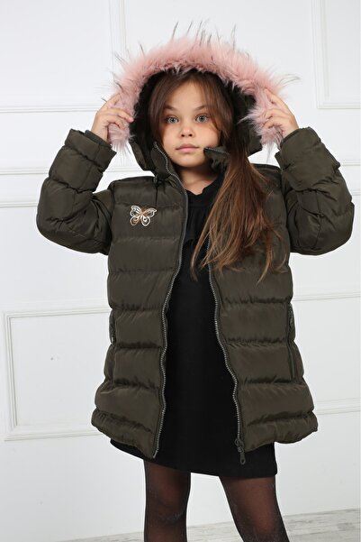 B&T Palton puf cu glugă de pluș cu model de fluturi kaki pentru fete