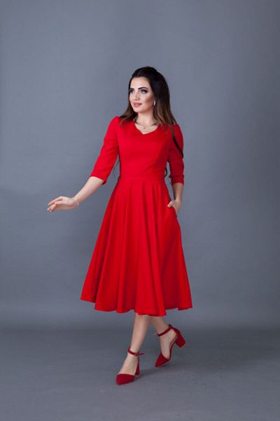 Bidoluelbise Women's Red Midi Length Pocket Detailed V-Neck Dress