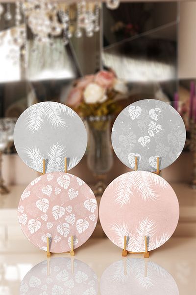 Realhomes 4-Piece Colorful Leaf Patterned Modern Placemat and Plate on the Floor