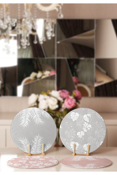 Realhomes 4-Piece Colorful Leaf Patterned Modern Placemat and Plate on the Floor