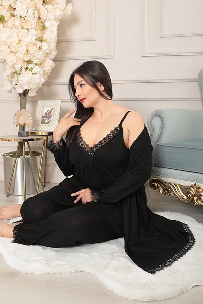 XL Modam Women's Large Size Black Triple Pajamas Set with Dressing Gown