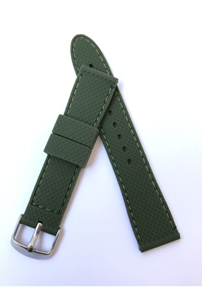 MercanSaat Yeşil Renk Desenli Dikişli Yumuşak Saat Kordonu Kayışı 20 Mm X 18 Mm