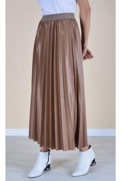 Nacar Kadın Deri Görünümlü Harika Piliseli Etek