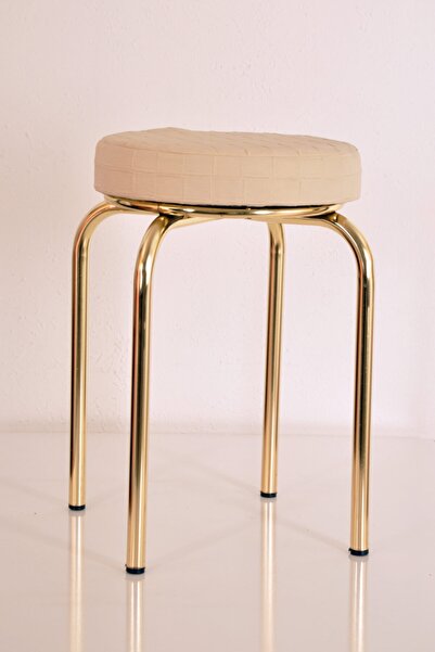 yılmaz masacılık 2 Adet Krem Deri Altın Profil Tabure Metal Tabure Mutfak Taburesi Kalın Tabure