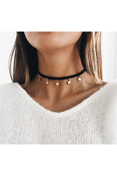 Nishstyle Altın Renk Mini Yıldız Sıralı Siyah Kadife Choker Kolye