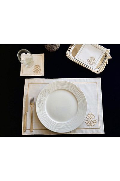 LİNDA MİA Stone Color I 3D Embroidered Embossed 12 Piece Placemat And Cocktail Napkin