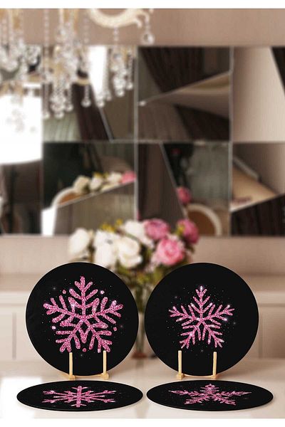 Realhomes 4-Piece Black Floor Pink Snowflake Designed Placemat & Supla