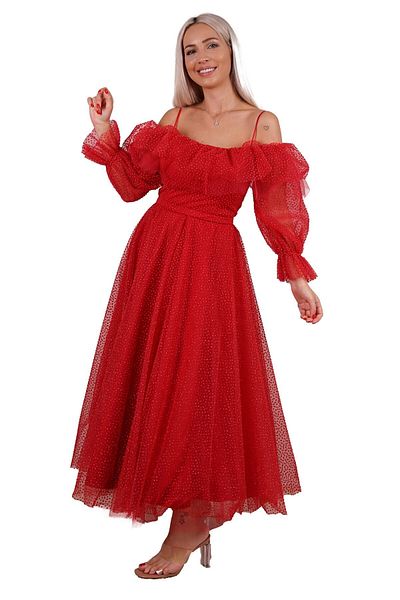 SpringStore Rochie de seara rosie fara bretele argintii