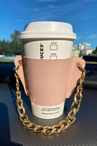 BAHELS Kadın Pudra Zincirli Coffee Cup Sleeve Deri Bardak Tutacağı