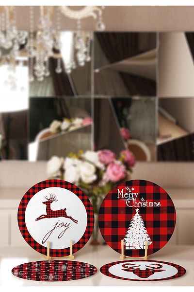 Realhomes 4-Piece Plaid Floor Mery Christmas Designed Plate & Placemat