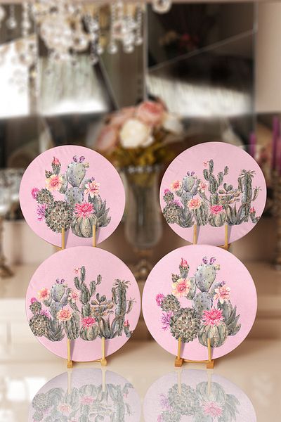 Realhomes 4-Piece Pink Floor Cactus Designed Placemat & Supla