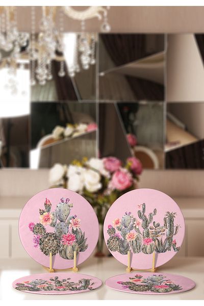 Realhomes 4-Piece Pink Floor Cactus Designed Placemat & Supla
