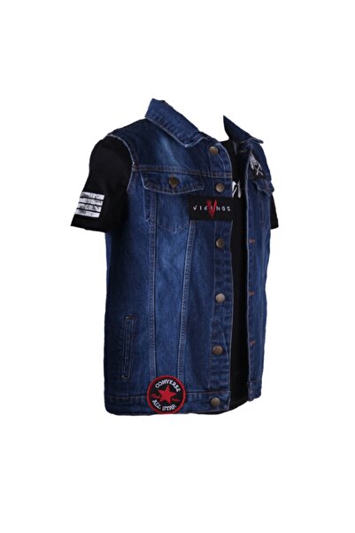 viking's line Vikings Jeans Erkek Denim Armalı Yelek Mavi Kot