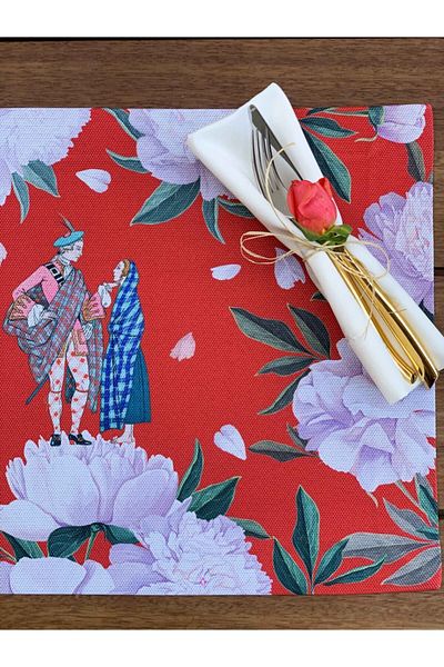 Adawall Red White Rose Fabric American Service Set of 4 35x50cm