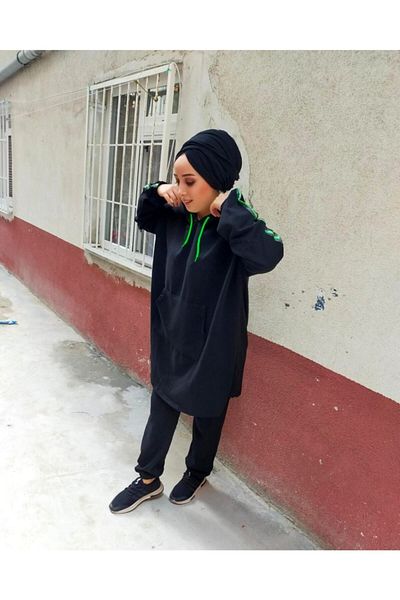 CNG MODA Hijab Black Green Highlighter Tracksuit Set