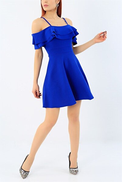 vuvutasarım Дамска рокля от еластична креп плат с набрани ленти и яка, синя в...