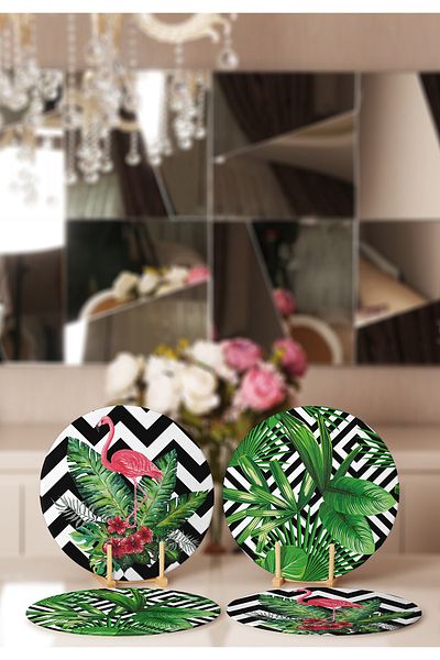 Realhomes 4-Piece Black and White Geometric Floored Green Leaf Placemat & Supla
