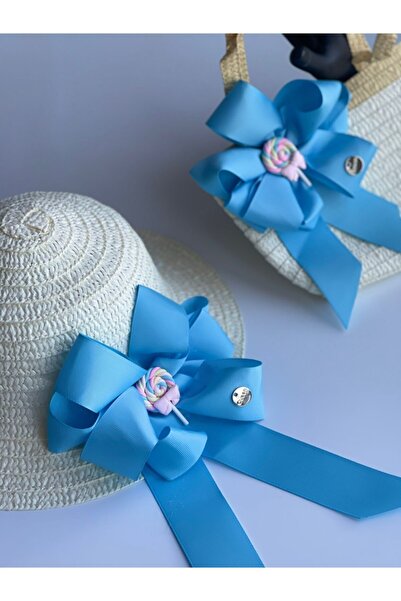 QUEEN AKSESUAR Ειδική σχεδίαση Πολυτελές Σετ Κοριτσίστικο Ψάθινο Καπέλο Τσάντα Παραλίας Τυρκουάζ ουράνιο τόξο με φιόγκο Lollipop