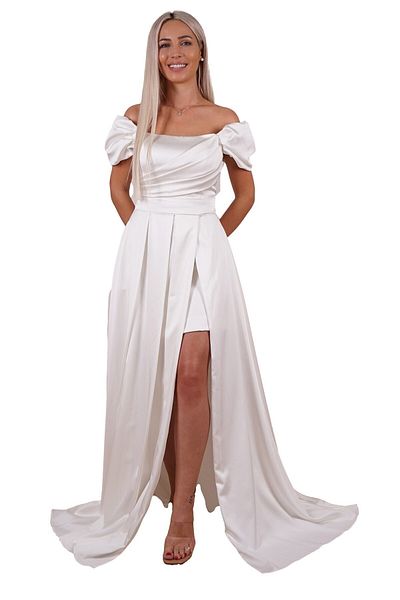 SpringStore Rochie de seara din satin cu fanta ecru