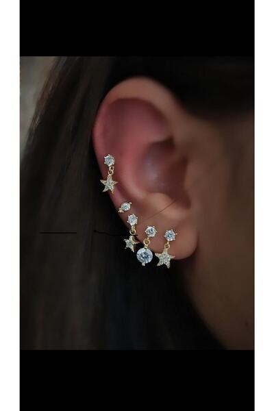 Erer Gümüş Gümüş Taşlı Bayan 5 Li Tek Küpe Kombini