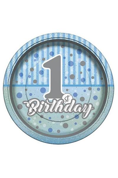 parti sürprizi Shimmering 1 Year Old Blue Plate 8 Pieces