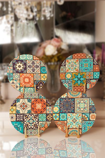 Realhomes 4-Piece Ethnic Checkered Mandala Designed Placemat & Supla