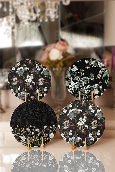 Realhomes 4-Piece Black Floor Flower Designed Placemat & Supla