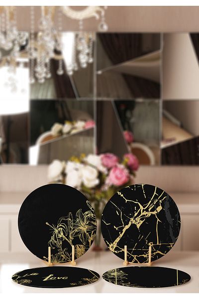 Realhomes 4-Piece Black Floor Gold Marble Designed Placemat & Supla