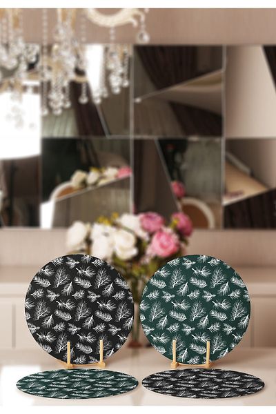 Realhomes 4-Piece Colorful Pinewood Patterned Placemat & Plate on the Floor