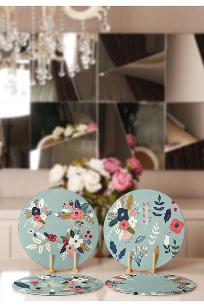 Realhomes 4-Piece Colorful Flower Patterned Modern Placemat & Plate